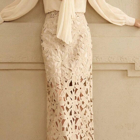 Khaki Casual Women's Floral Lace Cutout A-Line Skirt - Picture 6 of 9